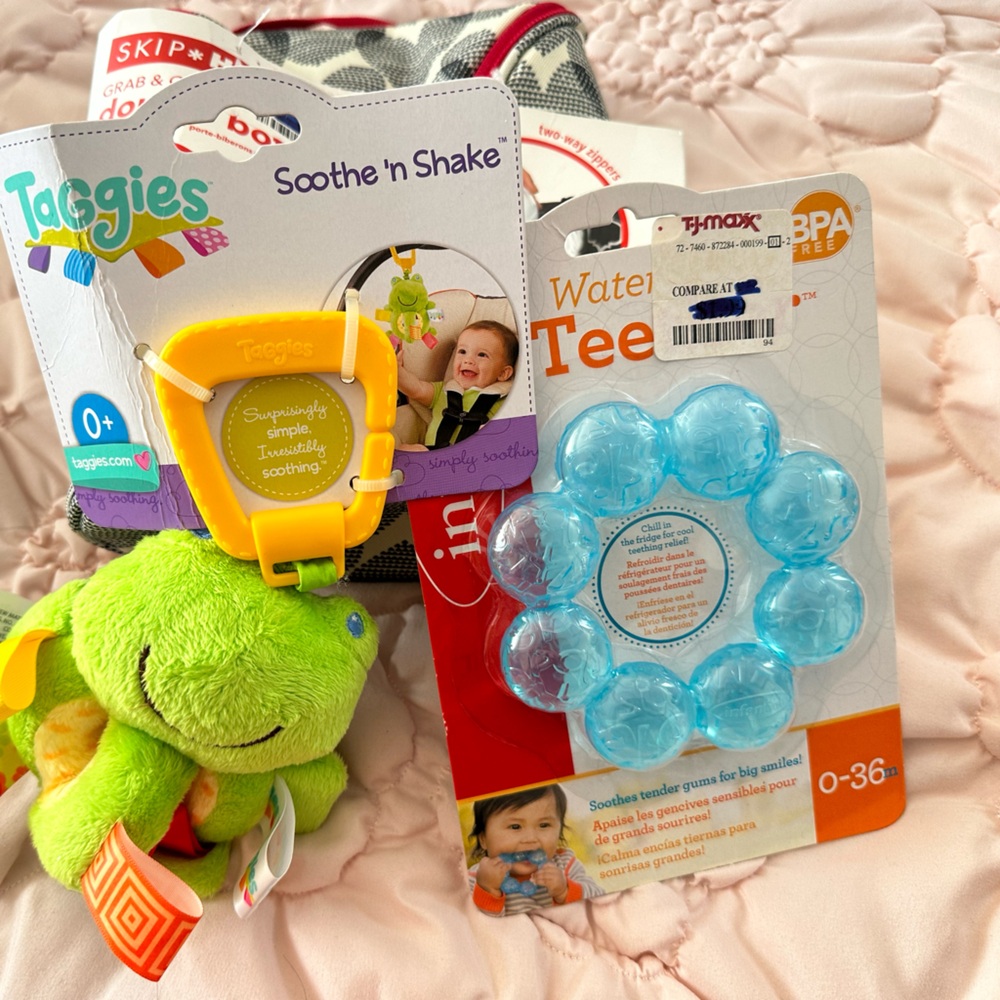 Taggies Green frog. Teething toy, and 2 bottle bag with cooler insulation